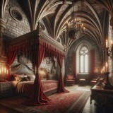 Chambre medievale dans un château imaginaire avec lit à baldalquins rouge bordeaux dans une grande salle du château style gothique