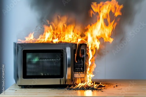 Burning microwave in the house due to a short circuit and damaged wiring Isolated on white background photo