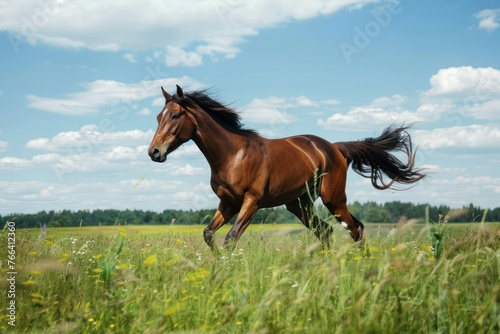 Brown horse galloping in field on sunny day © Igor