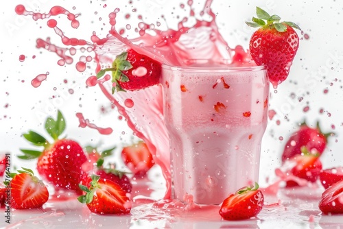 Healthy strawberry smoothie milkshake with splashes in glass with strawberries fruits