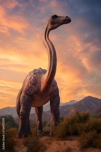 Mesozoic Majesty: The Awe-Inspiring Apatosaurus against a Prehistoric Landscape under Twilight Sky © Adeline