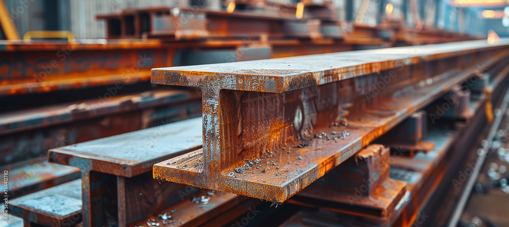 row of steel beams stored in a warehouse for the production and storage ...