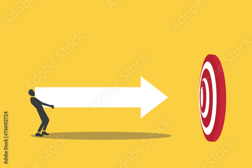 Businessman carry huge arrow to target. Business goals achievement vector concept. concept of Search for business target or goal, opportunity, mission to achieve