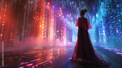 A metaverse fashion show catwalk, illuminated by digital landscapes and futuristic attire
