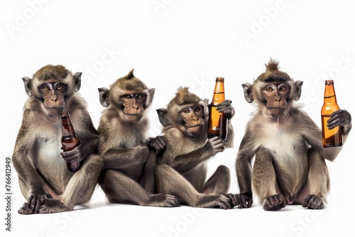 Group of drunken monkeys with beer bottles Isolated on solid white background photo