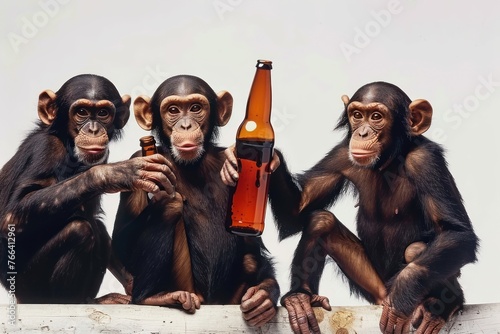 Group of drunken monkeys with beer bottles Isolated on solid white background photo