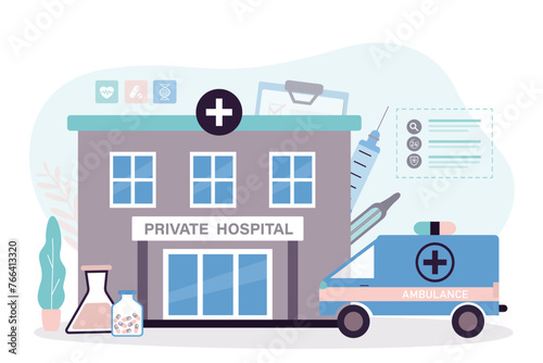 Cartoon of private medical care services on isolated background. Hospital building and ambulance truck. Healthcare and medical support