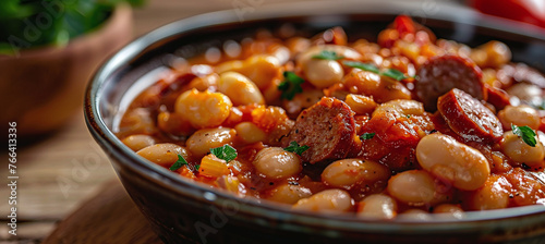 Polish baked beans, White beans cooked in a thick tomato sauce, the tomatoes have small pieces of sausage in them. photo