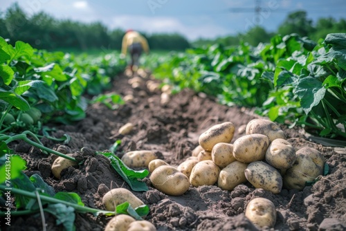 Harvest farming potato at green field earth