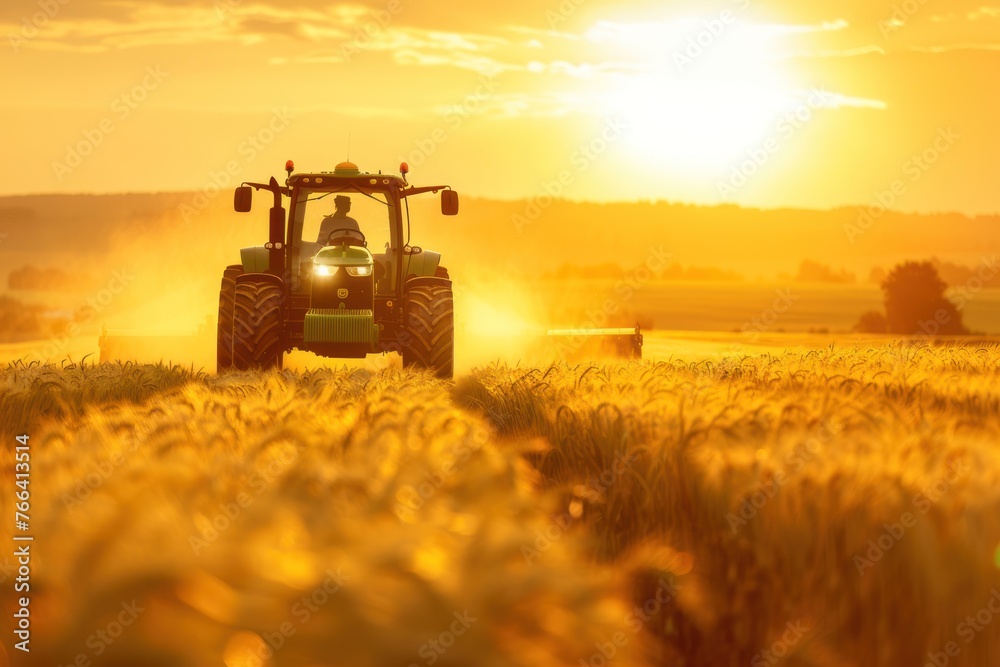 Heavy green tractor on the barley field in golden sky sunset view Heavy green tractor on the barley field in golden sky sunset view