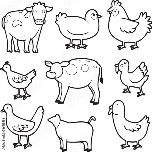 Farm animals coloring pages for coloring book. Animals outline vector