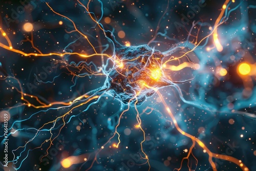 a neuron synapse with electrical impulses photo
