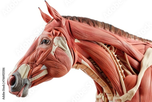 Horse anatomy showing body and head, face with muscular system visible isolated on white background photo