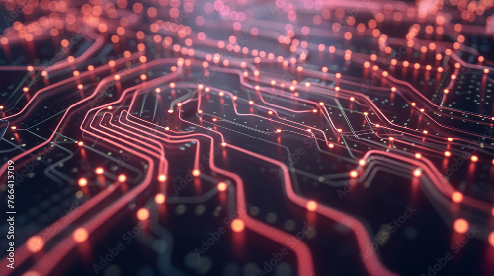Close up on glowing quantum computing circuits with fiber optic connections casting a network of light showcasing advanced technology Close up on glowing quantum computing circuits with fiber optic connections casting a network of light showcasing advanced technology