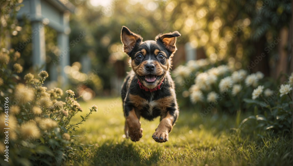 Adorable cachorro de la raza Sabueso Polaco corriendo feliz por un hermoso prado lleno de flores - obrazy, fototapety, plakaty 