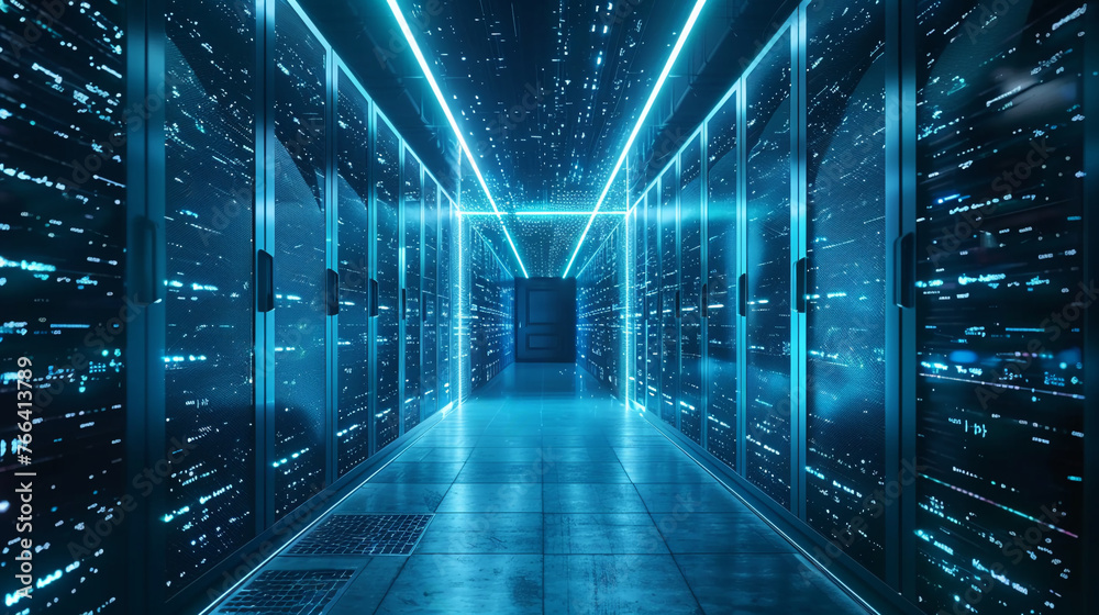 A mysterious door at the end of a tunnel illuminated by digital data streams symbolizing the entrance to a future data center A mysterious door at the end of a tunnel illuminated by digital data streams symbolizing the entrance to a future data center