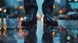 Close up on polished formal shoes stepping forward on wet city pavement reflecting aspirations with the morning rush blurred behind