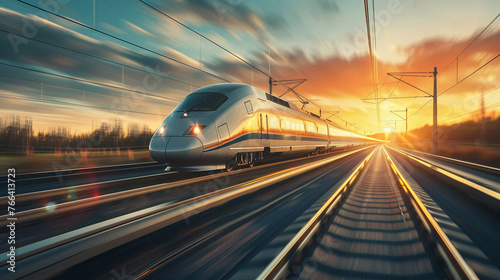 Sleek high speed train slicing through the countryside at sunset golden hues reflecting off its streamlined design