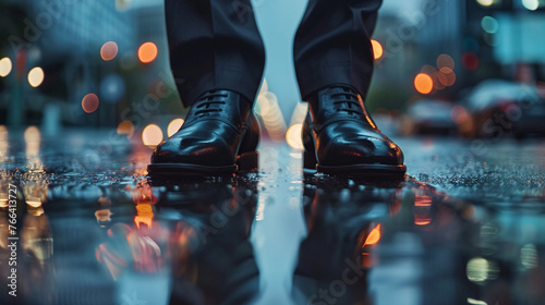 Close up on polished formal shoes stepping forward on wet city pavement reflecting aspirations with the morning rush blurred behind