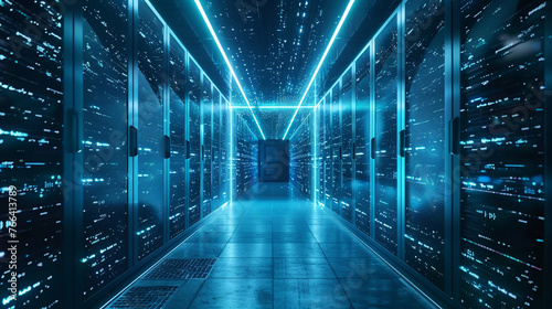 A mysterious door at the end of a tunnel illuminated by digital data streams symbolizing the entrance to a future data center