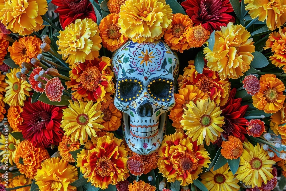 Day of the Dead sugar skulls and marigolds