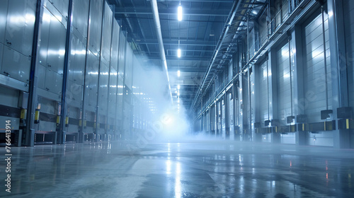 Vast warehouse interior showcasing rows of towering industrial freezers their doors slightly ajar emitting cold fog © BritCats Studio
