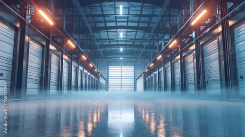 Vast warehouse interior showcasing rows of towering industrial freezers their doors slightly ajar emitting cold fog photo