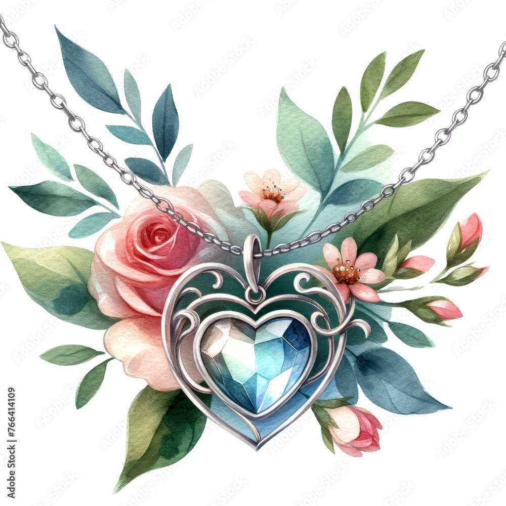 A piece of jewelry, such as a necklace or bracelet with a heart charm, painted in watercolor style, conveying elegance and love for Mother's Day. PNG, 300dpi - obrazy, fototapety, plakaty 