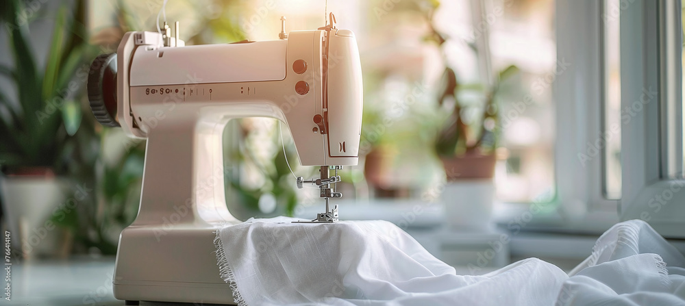 modern sewing machine, sewing fabric with thread used to make curtains and upholstery clothes