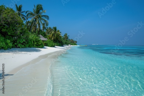 Maldives paradise with white sandy beach and clear blue sky