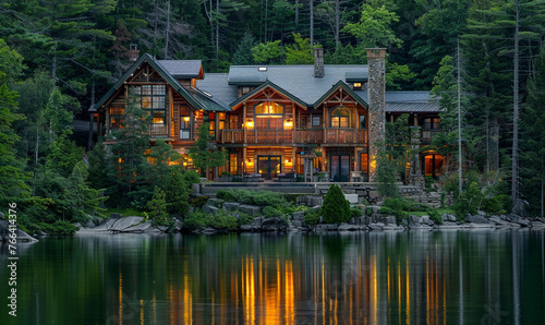 Luxury and modern house in the middle of forest next to lake.