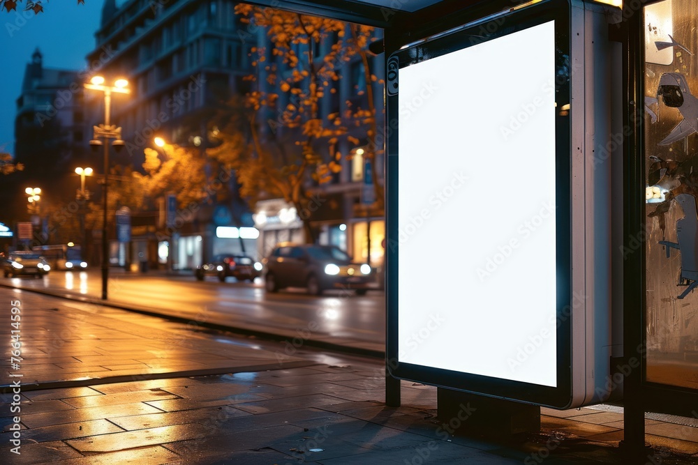 Mockup of blank advertising light box night down town