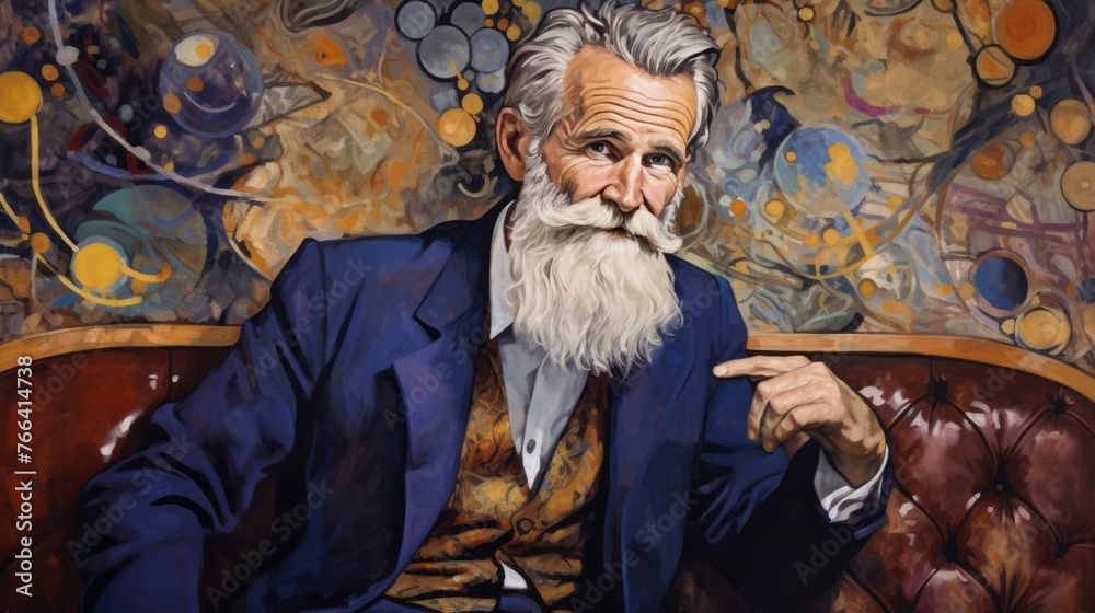 A man with a beard pointing to something. The painting is of a man in a blue suit and vest