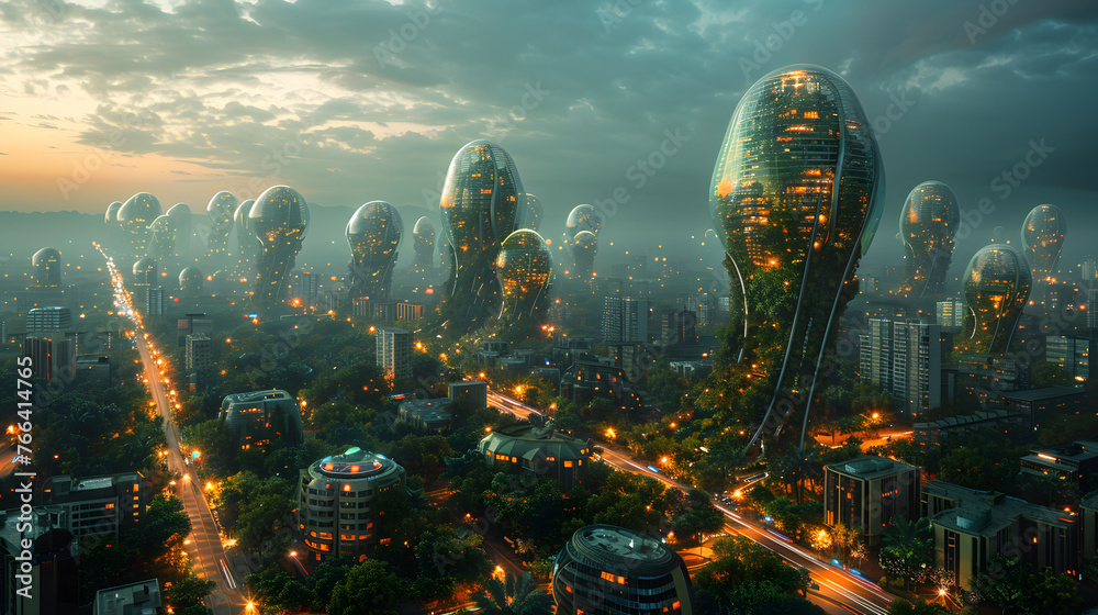 A dusk view of a futuristic city with unique organic-shaped skyscrapers glowing amidst urban greenery - obrazy, fototapety, plakaty 
