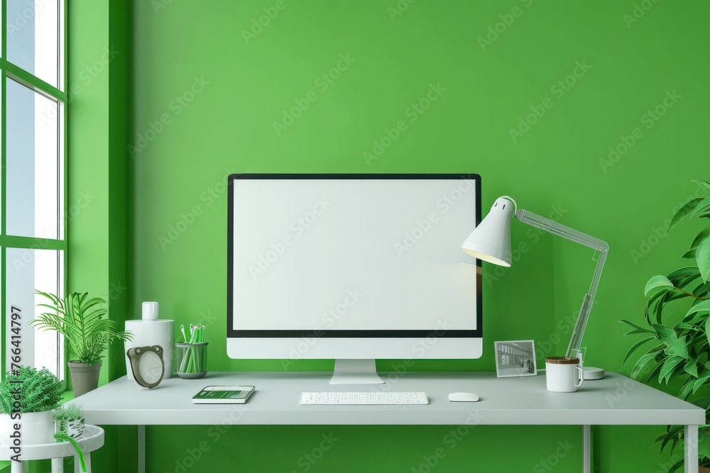 Modern bright green office with work desk and computer white mockup screen Modern bright green office with work desk and computer white mockup screen