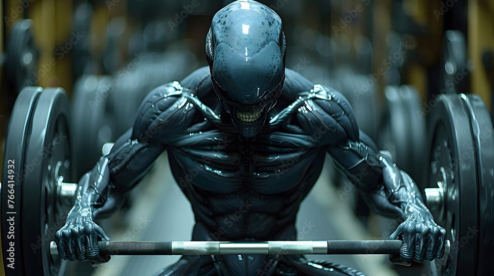 A highly detailed robotic figure engages in a deadlift exercise within a modern gym setting, showcasing strength and technology A highly detailed robotic figure engages in a deadlift exercise within a modern gym setting, showcasing strength and technology