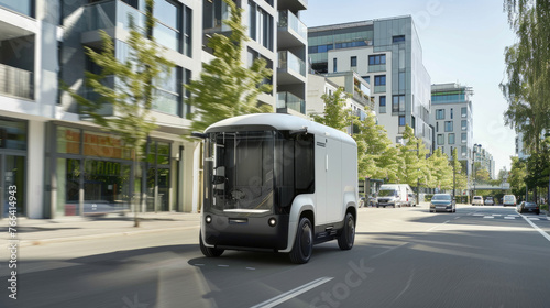 Modern electric vehicle driving down a busy city street, surrounded by buildings and pedestrians