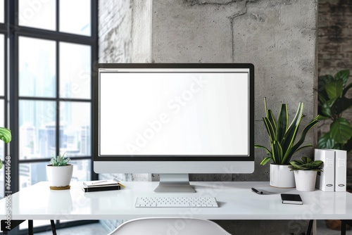 Modern bright office with work desk and computer white mockup screen photo
