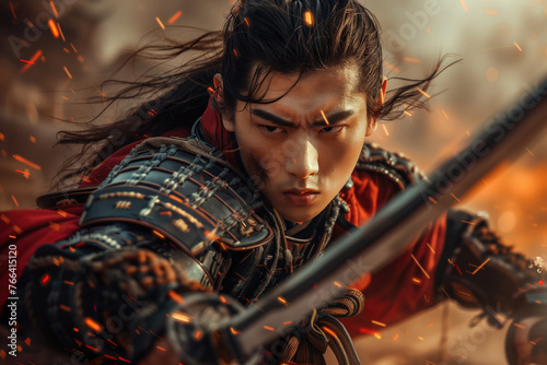 Digital art of samurai with a katana. Fantasy scene of japanese male warrior in action.