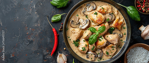 Fricassee French cuisine. Chicken stewed in creamy sauce with mushrooms in a frying pan photo