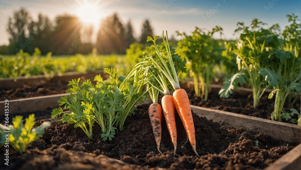 Fresh harvest of carrots on the ground in a vegetable garden, on a farm. Permaculture. Organic vegetables. Healthy vegan food. Farm and gardening concept, harvesting - obrazy, fototapety, plakaty 