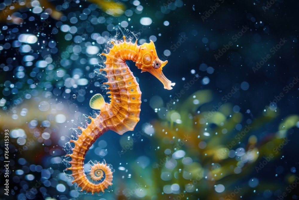 photo of a Seahorse floating under water in the sea splashing