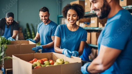 A group of happy smiling Multiracial volunteers, dressed in a blue T-shirt, pack groceries into boxes indoors. Donations, Social assistance to the poor and needy, Charitable organization concepts. photo