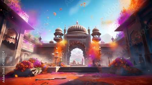 Indian Temple with Fire and Colorful Paint Splashes, Illustration.