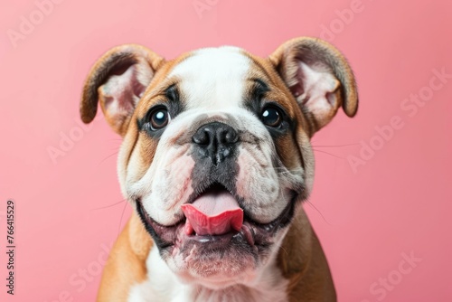 Portrait hungry and funny cute dog licking it lips with tongue on color background © Igor