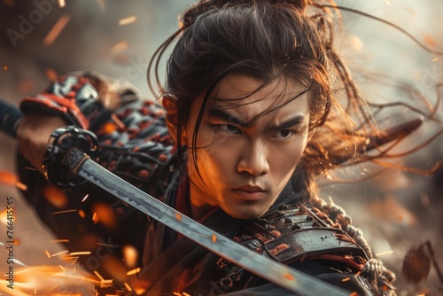 Digital art of samurai with a katana. Fantasy scene of japanese male warrior in action.
