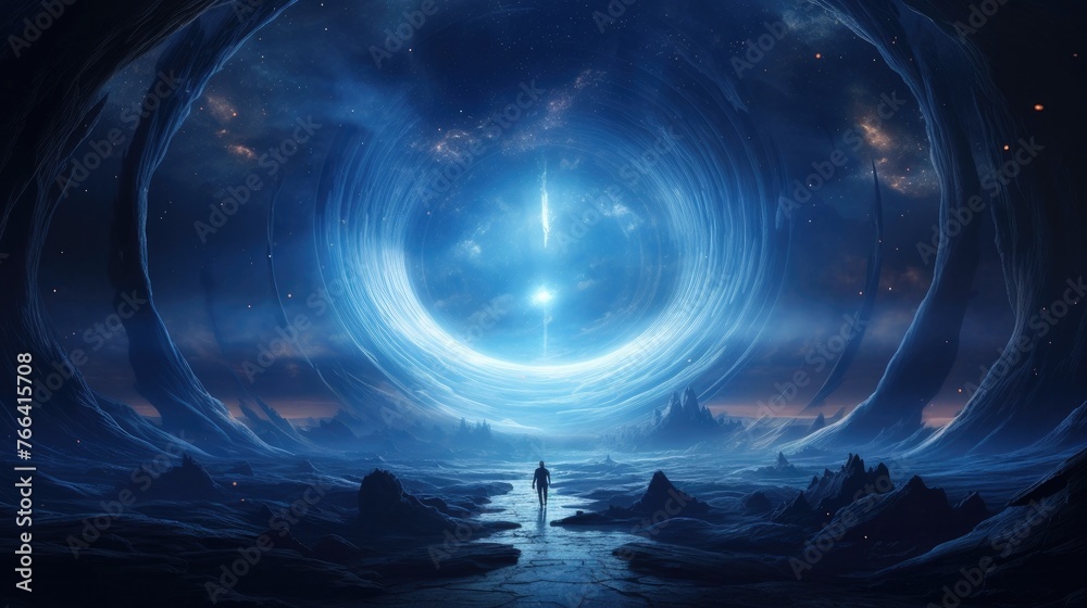 Majestic Blue Portal to Ethereal Cosmic Realm - Captivating Glowing Vortex Revealing Mysteries of the Universe