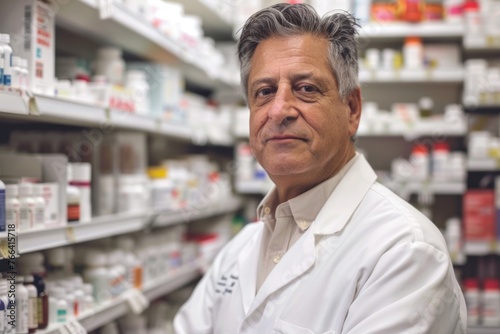 portrait of male pharmacist standing in front of shelfs with medication