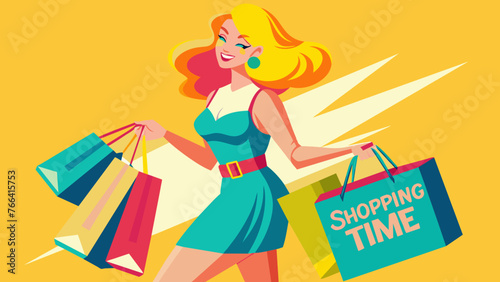 pop art blond women with shopping bags in the hand 