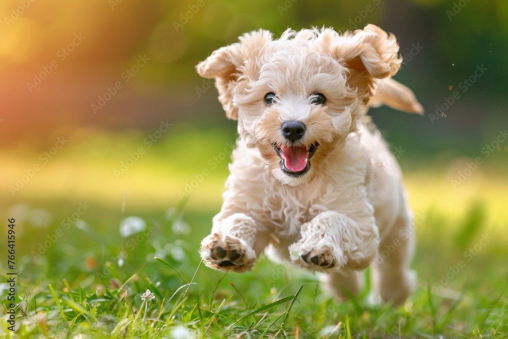 summer concept playful happy pet dog puppy running in grass - obrazy, fototapety, plakaty 